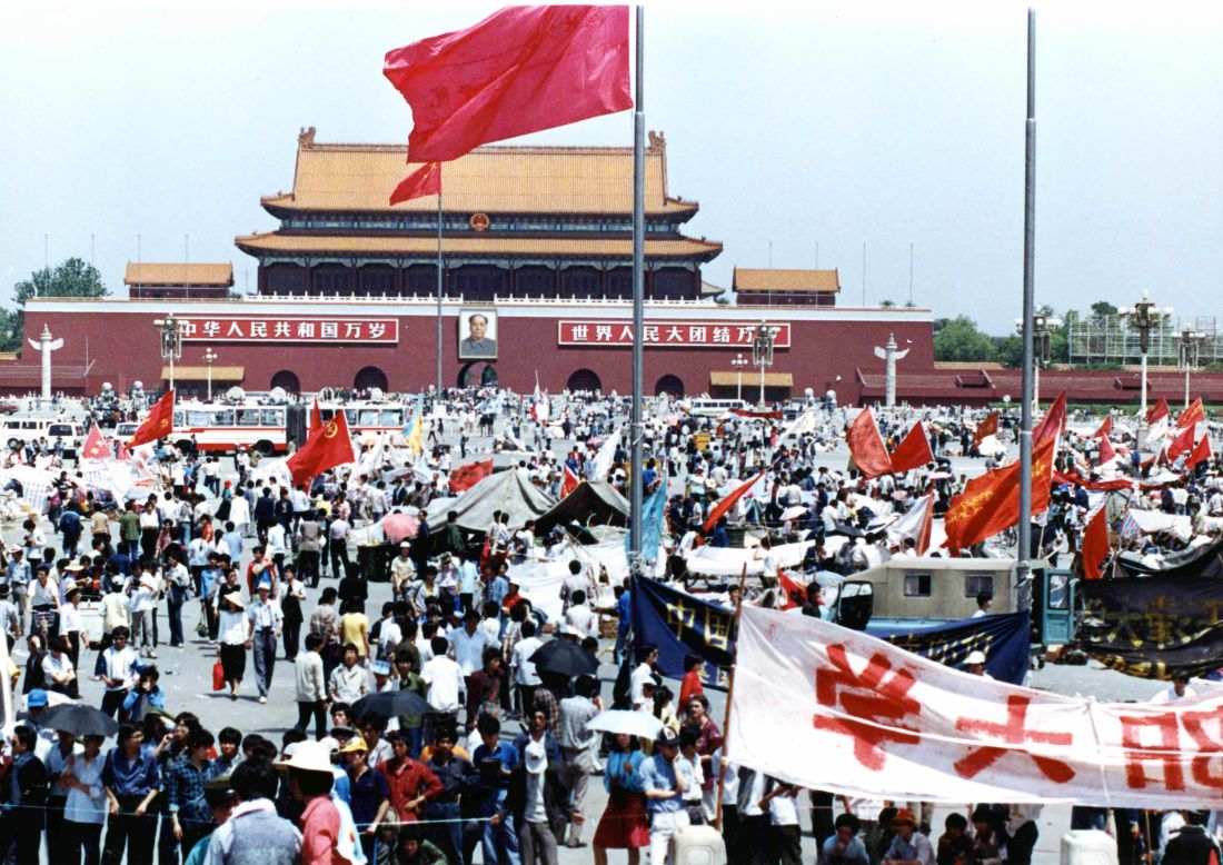 Students mill around Tiananmen Square in May 1989.