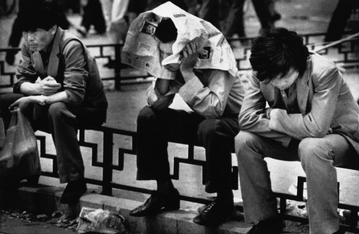 Beijing University students endure the boredom of their sit-in at Tiananmen Square in May 1989.