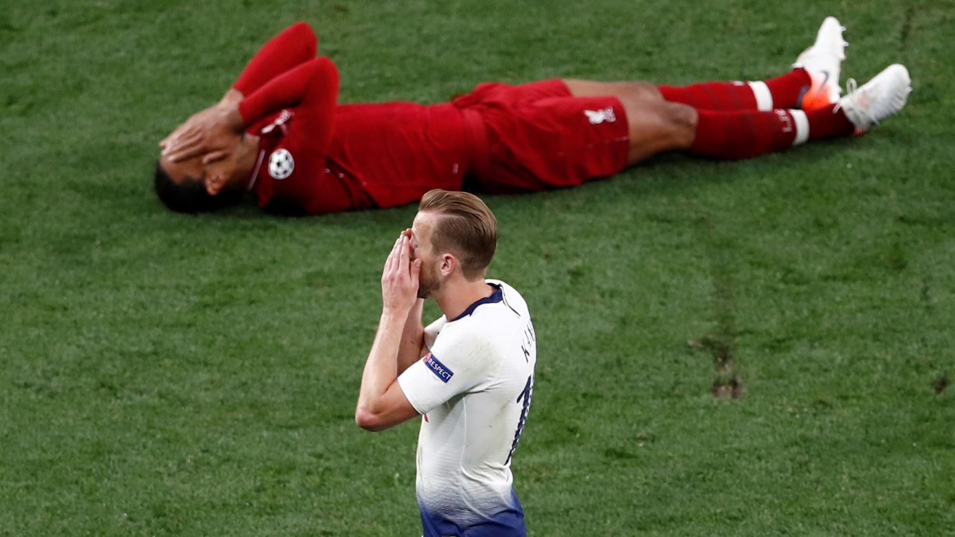 Virgil van Dijk of Liverpool, top, celebrates after winning the Champions League Final, while Tottenham's Harry Kane has a similar, but opposite reaction to losing the match held in Madrid, Spain, on Saturday, June 1.