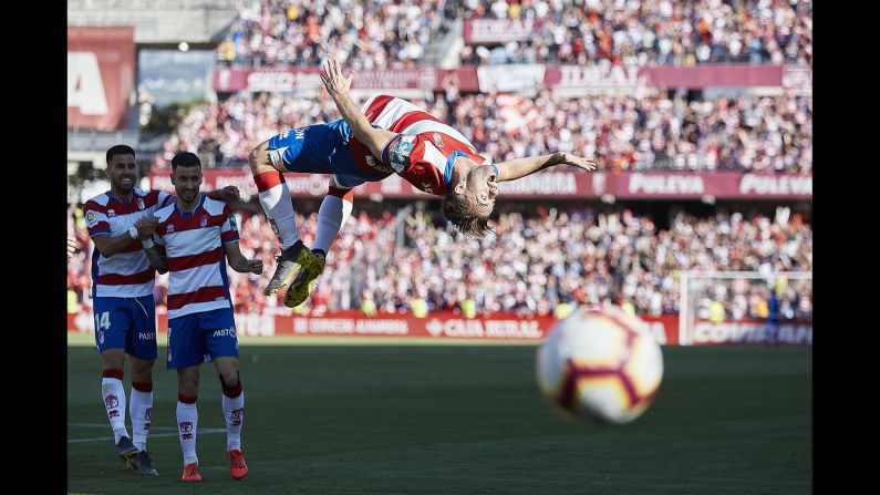 Rodrigo Ríos of Granada CF celebrates scoring his team's opening goal during the La Liga 123 match between Granada CF and Cadiz CF at Los Carmenes Stadium in Granada, Spain on Sunday, May 26.