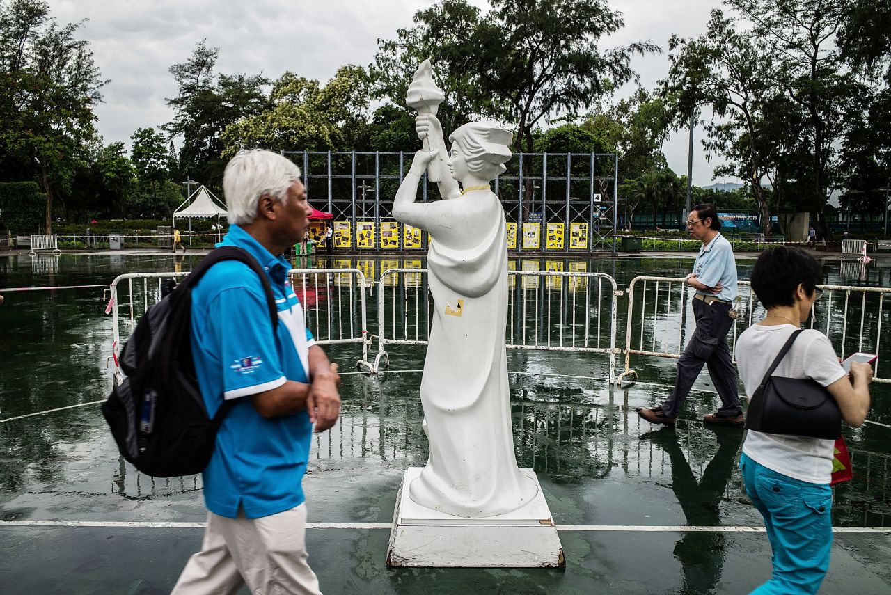 A replica of the "Goddess of Democracy" on display at Hong Kong's Victoria Park in 2016, ahead of the city's annual candlelight vigil commemorating the incident. 