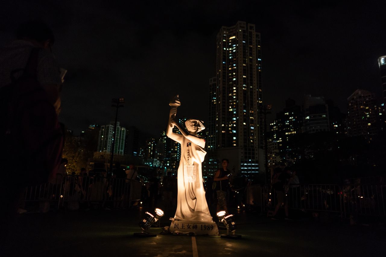 A replica of the "Goddess of Democracy" statue during a vigil at Hong Kong's Victoria Park in 2018.