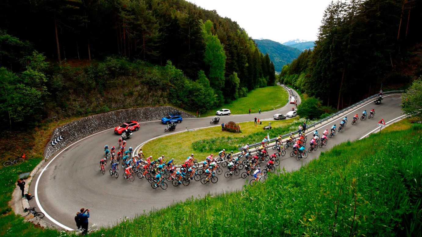 Cyclists ride during the stage seventeen of the 102nd Tour of Italy in Antholz, Italy on May 29.