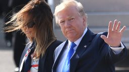 LONDON, ENGLAND - JUNE 03:  US President Donald Trump and First Lady Melania Trump arrive at Stansted Airport on June 3, 2019 in London, England. President Trump's three-day state visit will include lunch with the Queen, and a State Banquet at Buckingham Palace, as well as business meetings with the Prime Minister and the Duke of York, before travelling to Portsmouth to mark the 75th anniversary of the D-Day landings. (Photo by Leon Neal/Getty Images)