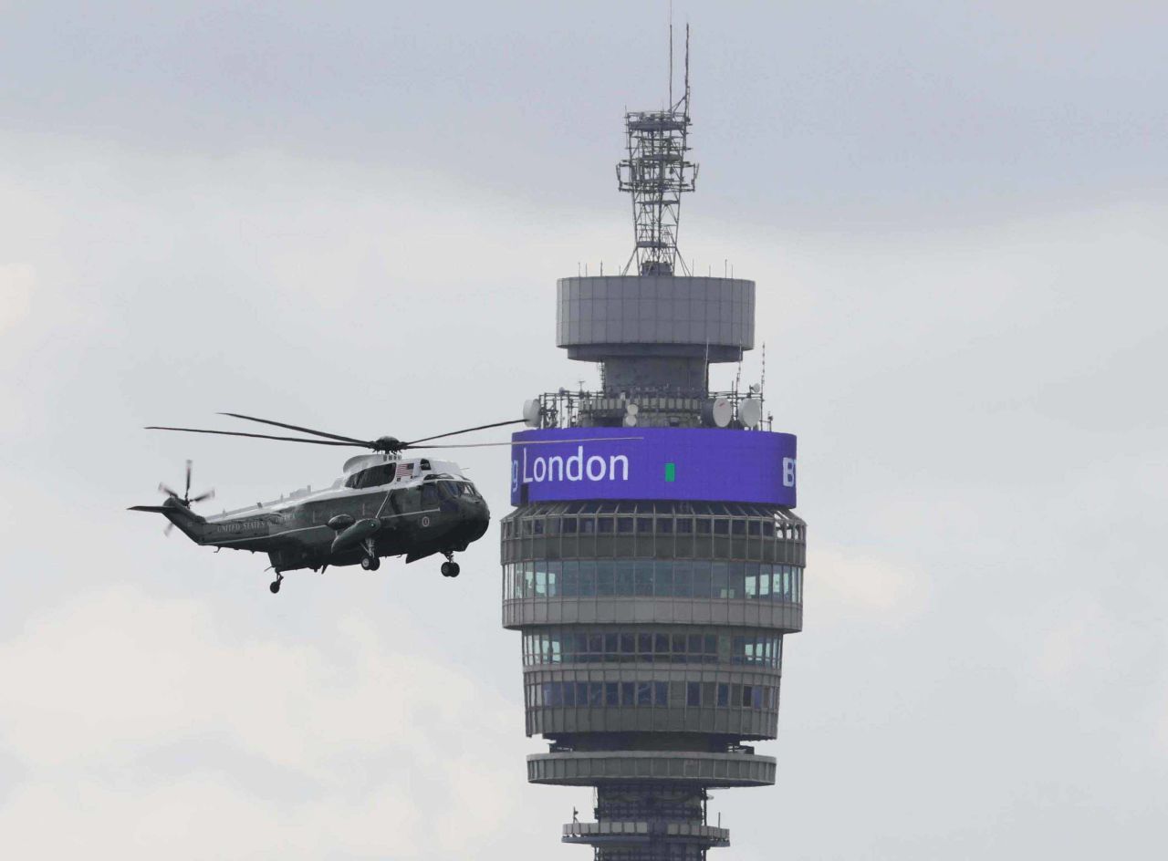 Marine One flies past the BT Tower in London.