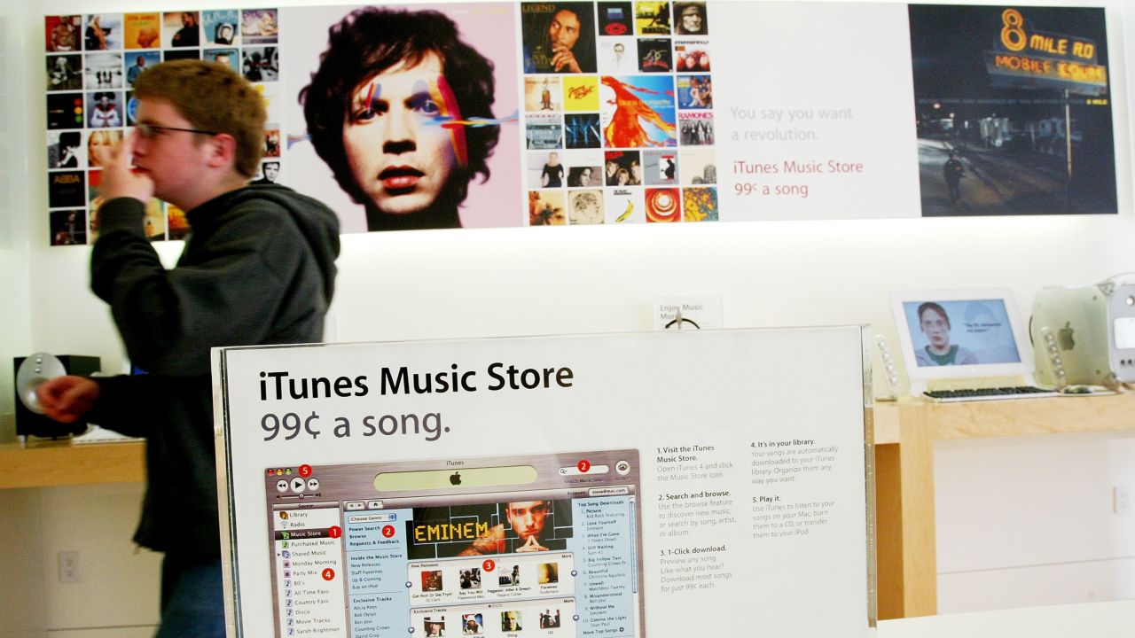 SAN FRANCISCO - MAY 8:  A display for Apple's new iTunes Music Store is seen May 8, 2003 at the Apple Store in Emeryville, California. Since the launch of Apple's online music store, over one million songs have been downloaded by customers for 99 cents per song. (Photo by Justin Sullivan/Getty Images)
