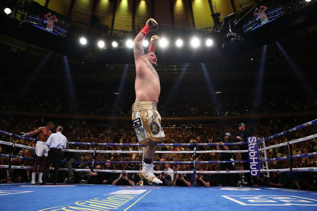 Ruiz celebrates his seventh-round victory against Joshua.