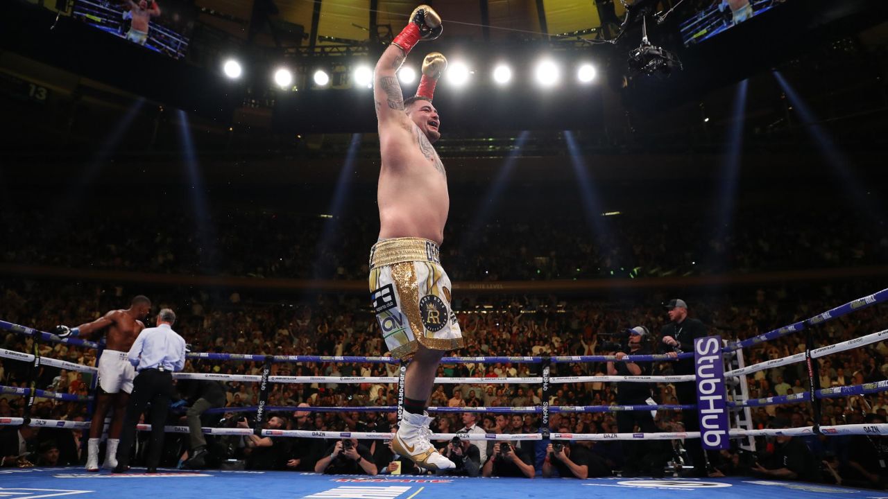 Ruiz celebrates his seventh-round victory against Joshua.