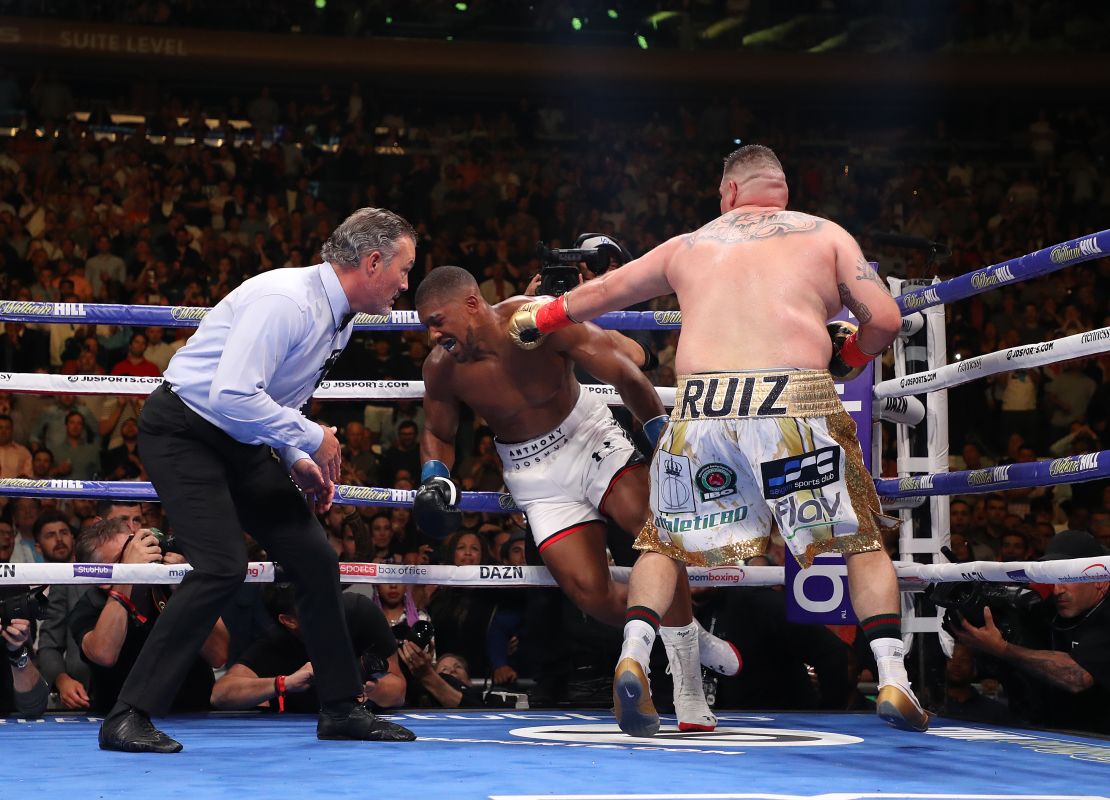 Andy Ruiz Jr. knocks down Anthony Joshua in the third round in New York.