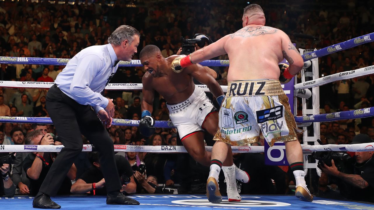 Andy Ruiz Jr. knocks down Anthony Joshua in the third round in New York.