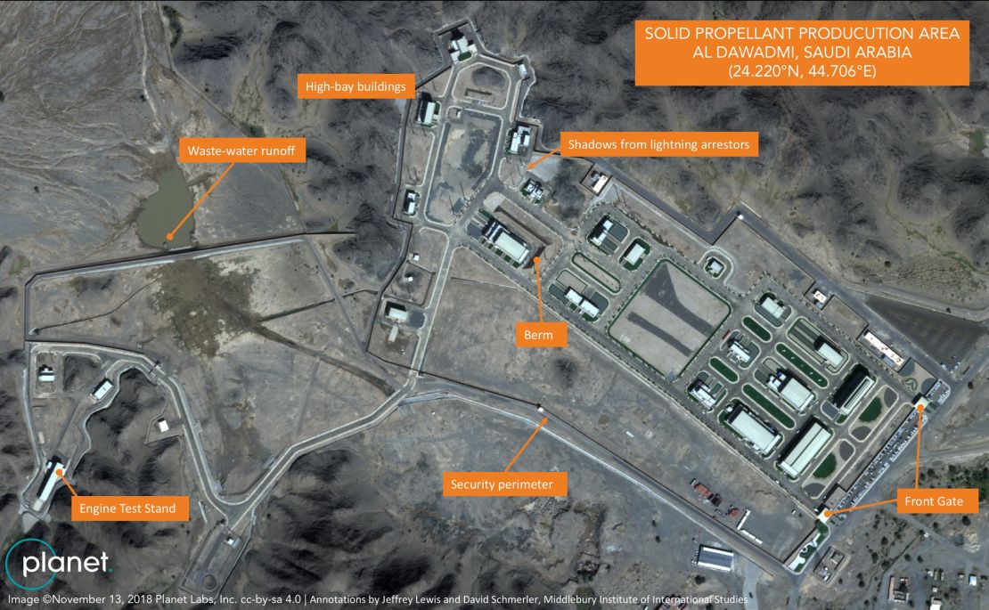 Satellite imagery captured on November 13, 2018 shows a suspected ballistic missile factory at a missile base in al-Watah, Saudi Arabia. Image was initially discovered by Planet Labs and the Middlebury Institute of International Studies at Monterey.