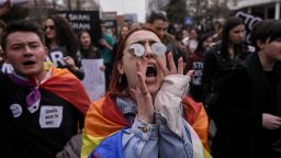 A Kosovar woman shouts slogans during a rally for gender equality and against violence towards women to mark the International Women's Day in Pristina, Kosovo, on March 8, 2019. (Photo by Armend NIMANI / AFP)        (Photo credit should read ARMEND NIMANI/AFP/Getty Images)