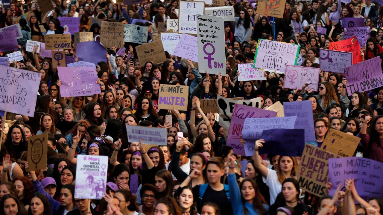 Student protesters march during a demonstration marking International Women's Day in Barcelona on March 8, 2019.