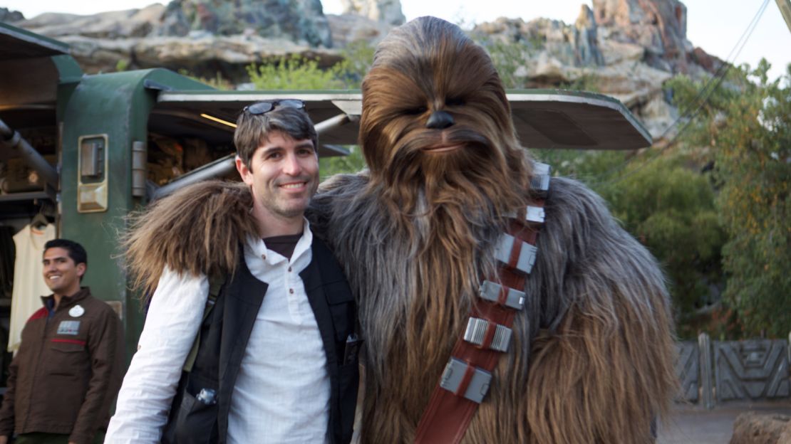 The author, with Chewbacca, on opening day of Galaxy's Edge in Disneyland.