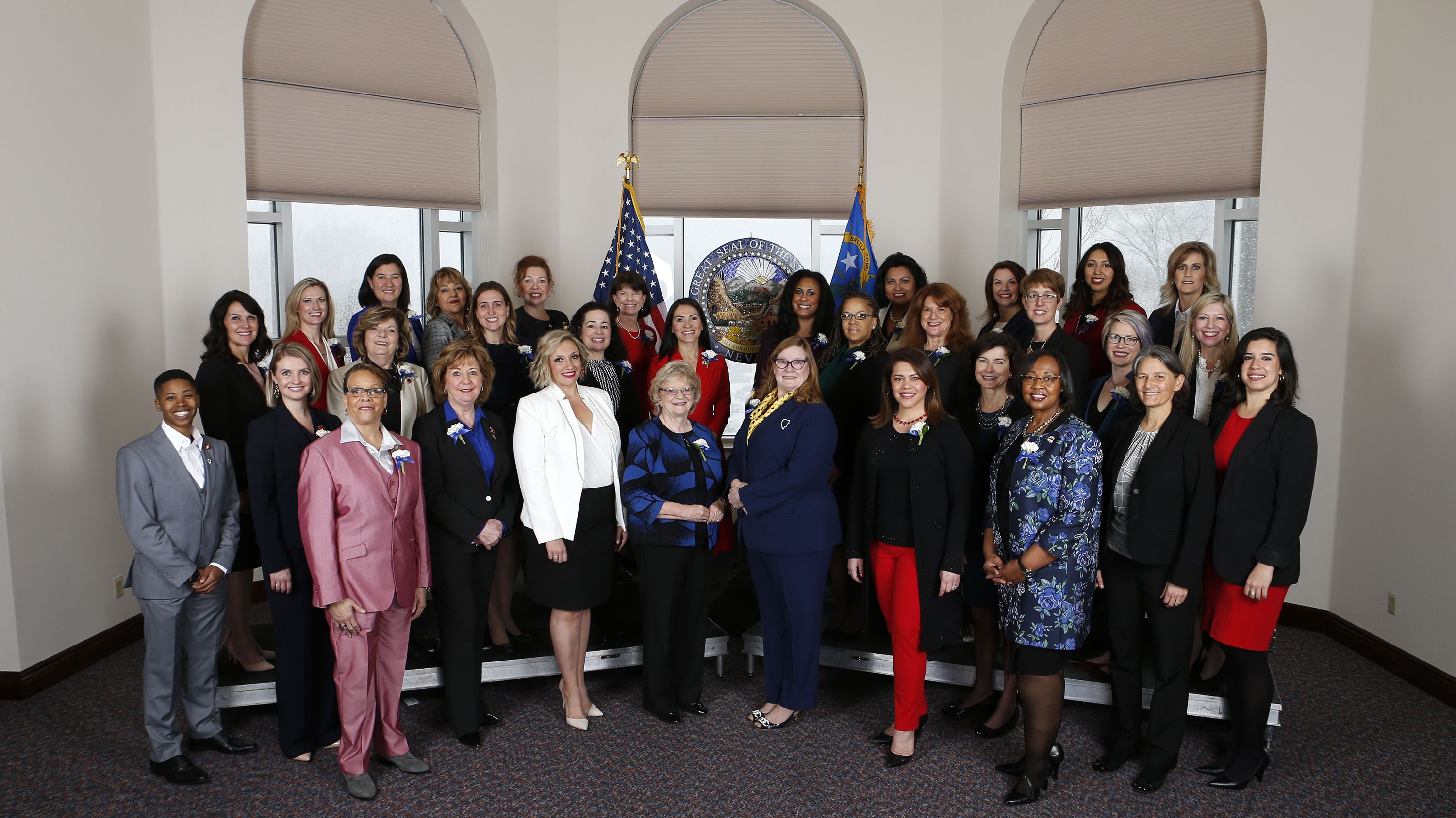 The 32 female members of the Nevada Legislature photographed in Carson City, Nevada, on February 4, 2019. They are the first female majority Legislature in the US. 