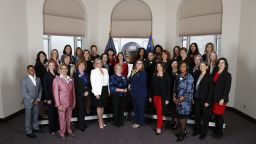 Thirty-two female members of the Nevada Legislature pose for photos before the start of the 80th Legislative Session, in Carson City, Nev., on Monday, Feb. 4, 2019. The group represents the first female majority Legislature in the country. 