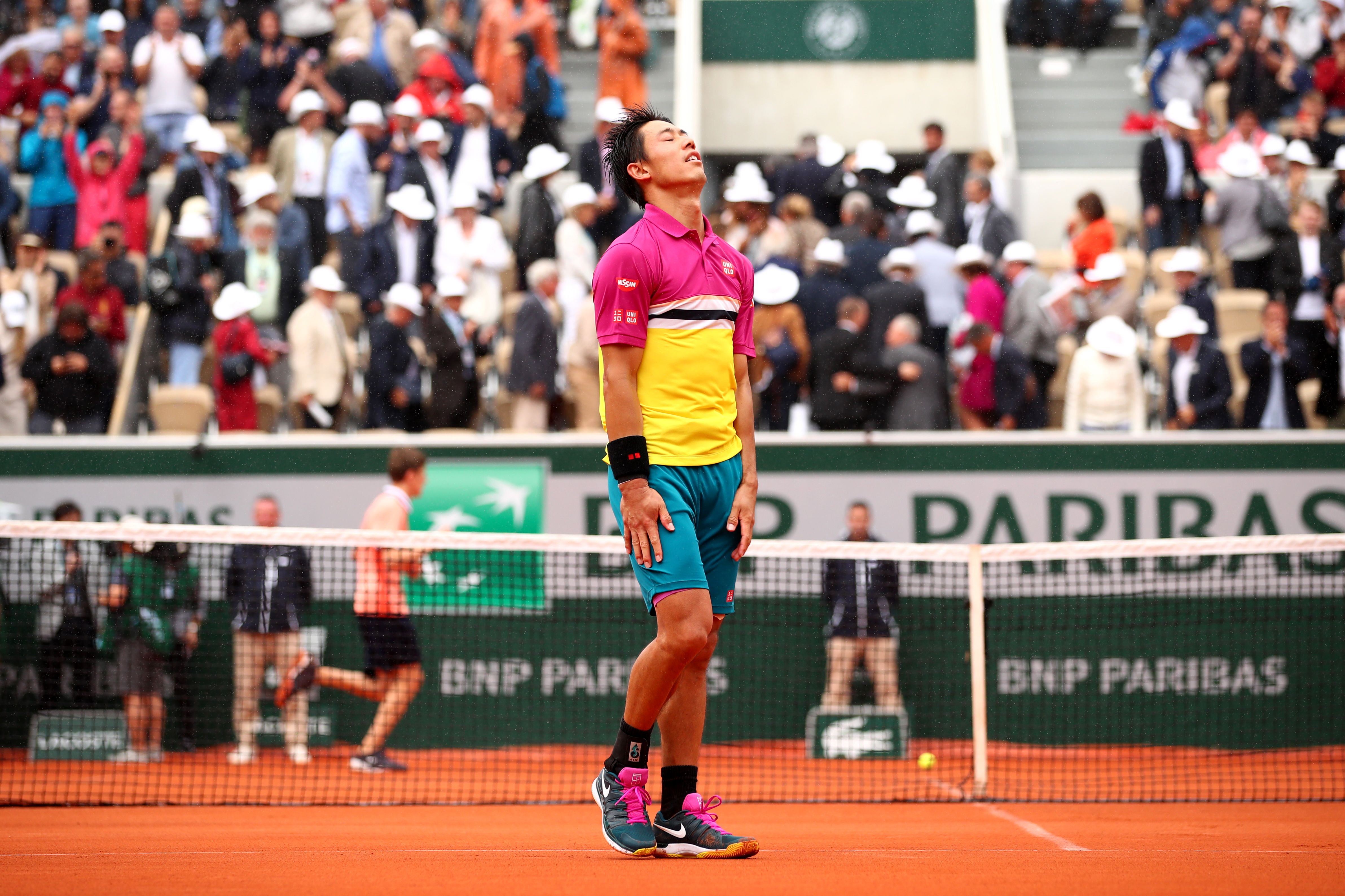 Nishikori had two match points in the fourth set, but then had to rally from 5-3 down in the fifth to advance. He improved to 23-6 in fifth sets. 