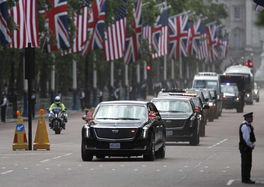 The President's convoy drives down Pall Mall in London on June 3.