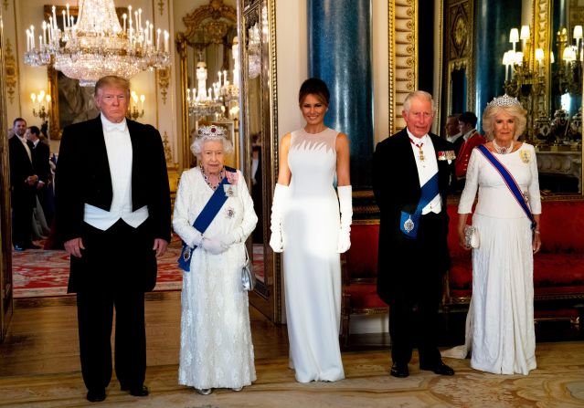 Trump stands next to Queen Elizabeth II before <a href="index.php?page=&url=https%3A%2F%2Fwww.cnn.com%2F2019%2F06%2F04%2Fpolitics%2Fdonald-trump-queen-elizabeth-state-banquet%2Findex.html" target="_blank">a state banquet at Buckingham Palace</a> on Monday, June 3. Joining them are Melania Trump, Prince Charles and Camilla.