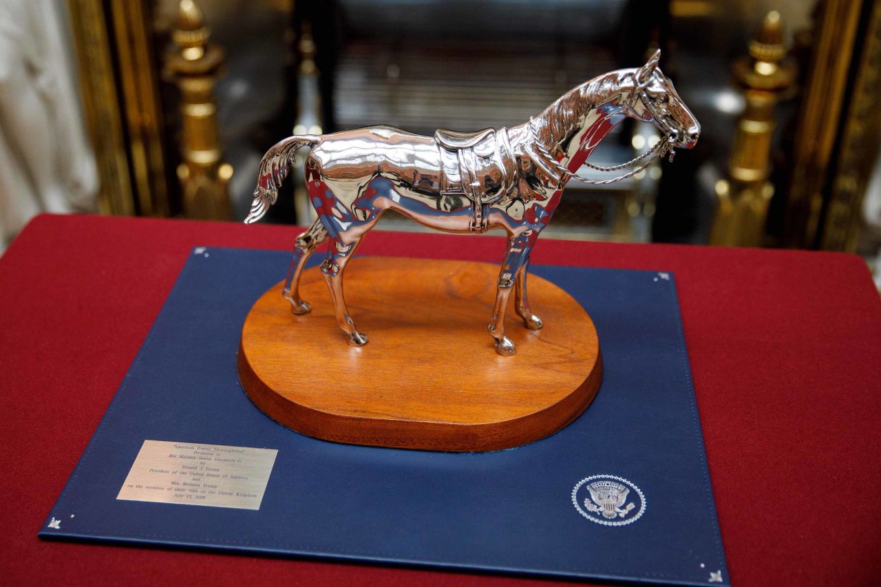 Among the items on display was "American Pewter Thoroughbred," a gift that Trump gave the Queen last year.