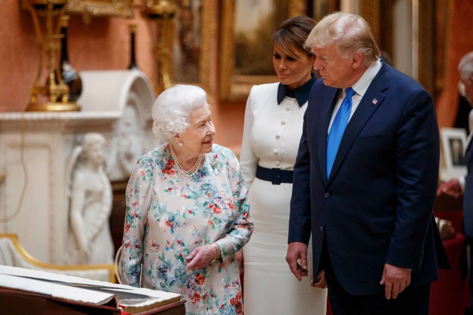 Queen Elizabeth II welcomes the Trumps to Buckingham Palace. She took them on a tour of the royal collection.