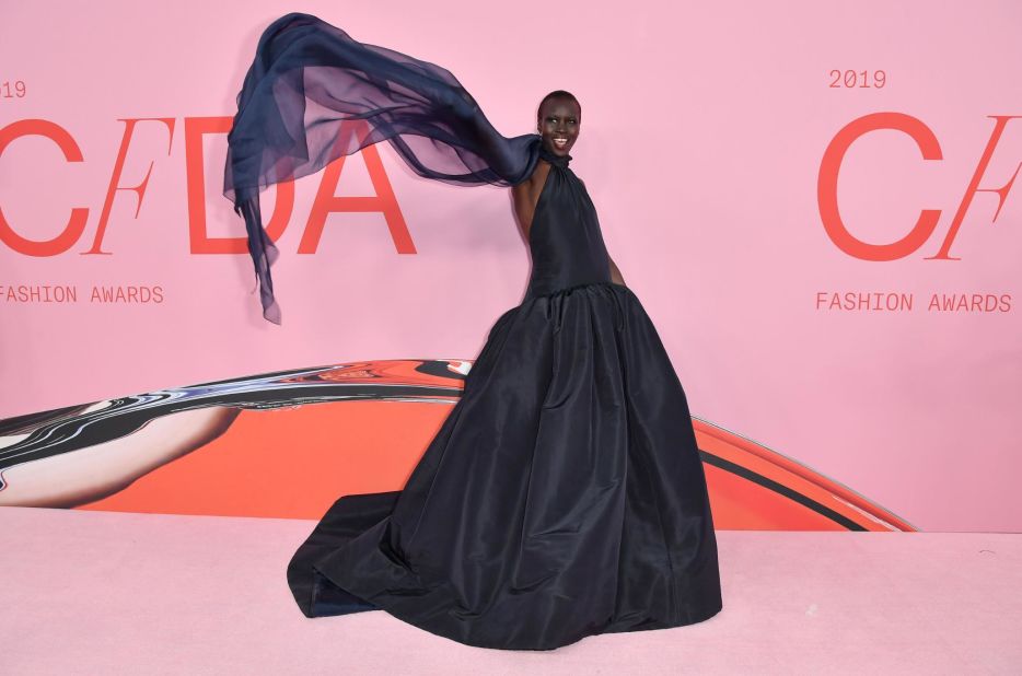 British-Sudanese model Alek Wek looked relaxed on the red carpet in a floor-length black gown.