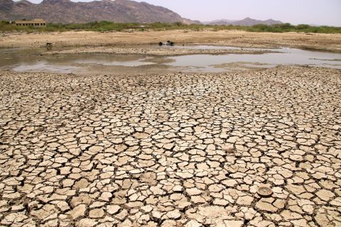 A general view of a lake running dry on a hot summer day near Ajmer on Sunday, June 2. Temperatures passed 50 degrees Celsius (122 degrees Fahrenheit) in northern India as an unrelenting heatwave triggered warnings of water shortages and heatstroke.