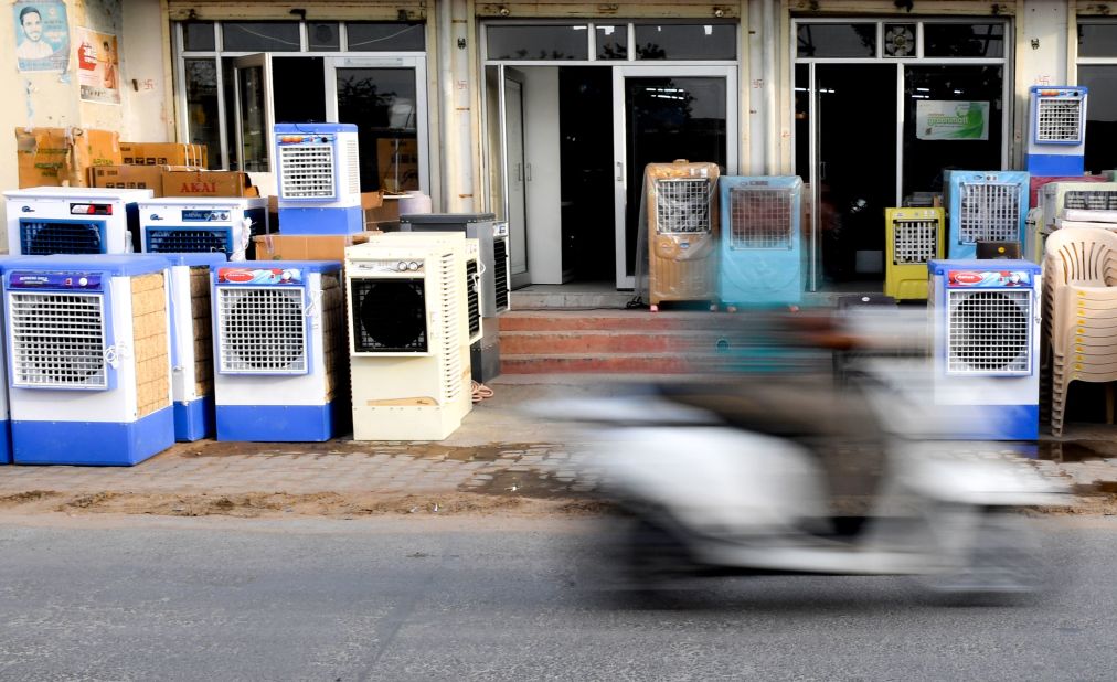 Air coolers are seen on display at a shop in Churu in Rajasthan on Monday, June 3.