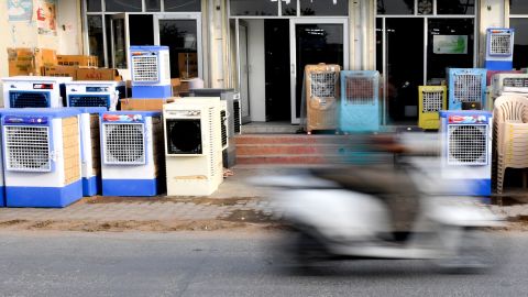Air coolers are seen on display at a shop in Churu in Rajasthan on Monday, June 3.