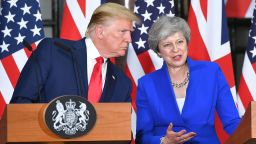 US President Donald Trump and Britain's Prime Minister Theresa May give a joint press conference at the Foreign and Commonwealth office in London on June 4, 2019. (Photo by MANDEL NGAN / AFP)  