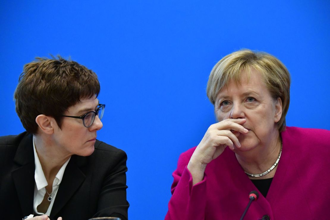 Merkel (R) with Kramp-Karrenbauer at CDU headquarters in October.
