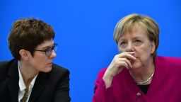 German Chancellor and leader of the Christian Democratic Union (CDU) Angela Merkel (R) talks with Secretary General of the Christian Democratic Union (CDU) Annegret Kramp-Karrenbauer prior a CDU leadership meeting at the CDU headquarters on October 29, 2018 in Berlin, a day after her fragile coalition suffered heavy losses in a key regional election. - German Chancellor Angela Merkel will not stand again as leader of her centre-right CDU, a party source told AFP, making way after 18 years for a successor following a series of regional vote defeats. (Photo by Tobias SCHWARZ / AFP)        (Photo credit should read TOBIAS SCHWARZ/AFP/Getty Images)