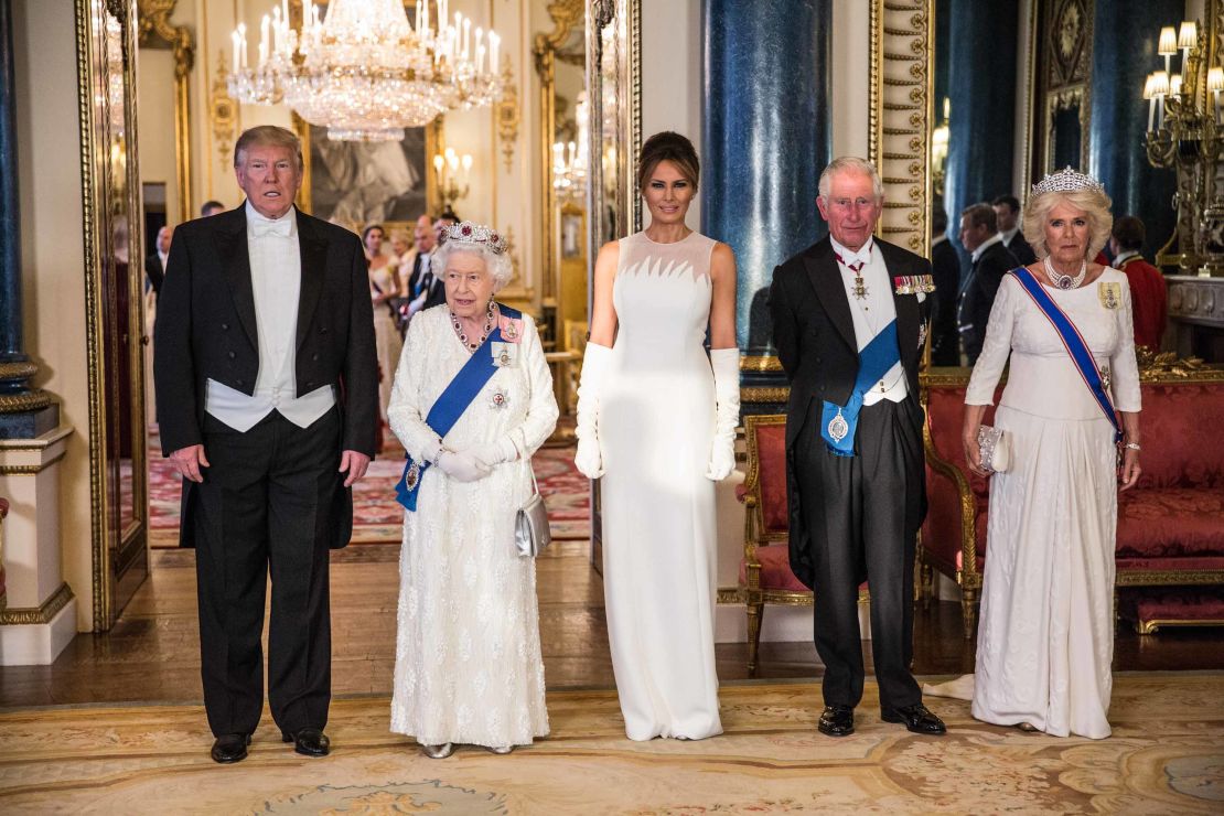  President Donald Trump, Queen Elizabeth II, first lady Melania Trump, Prince Charles Prince of Wales and Camilla Duchess of Cornwall attend a state dinner at Buckingham Palace on June 3, 2019. 