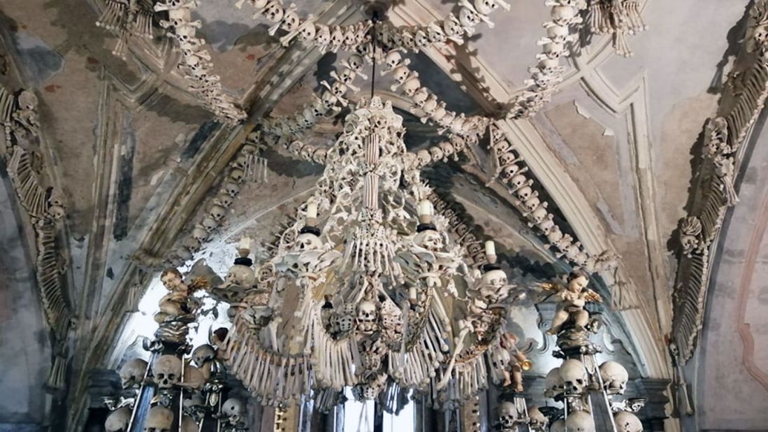 <strong>Grisly site: </strong>It also contains an elaborate bone chandelier, as well as garlands of human skulls.