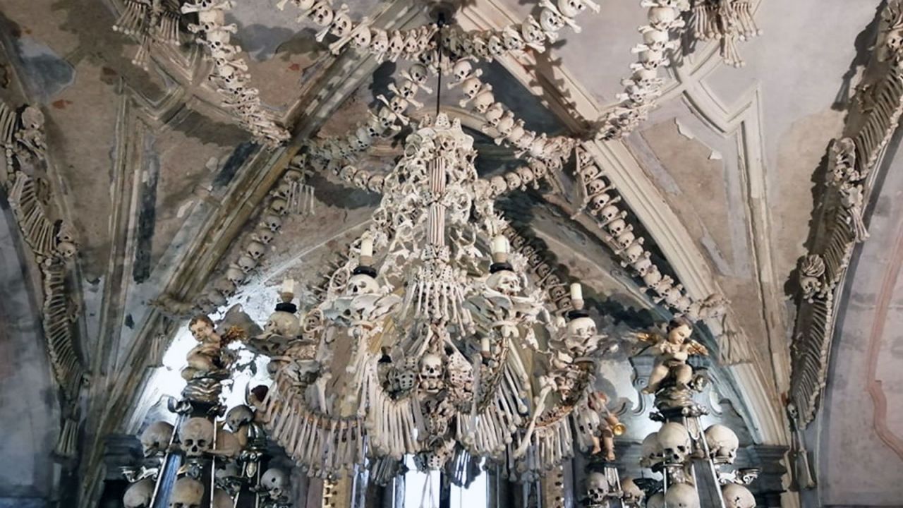 <strong>Grisly site: </strong>It also contains an elaborate bone chandelier, as well as garlands of human skulls.