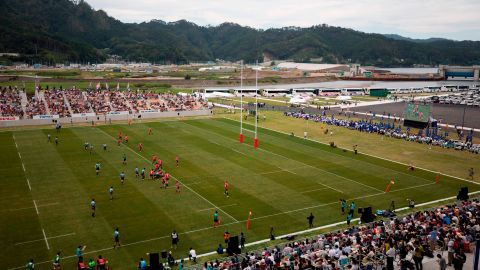 The Kamaishi Seawaves take on Yamaha Jubilo in the first game played at the Kamaishi Recovery Memorial stadium in August 2018.