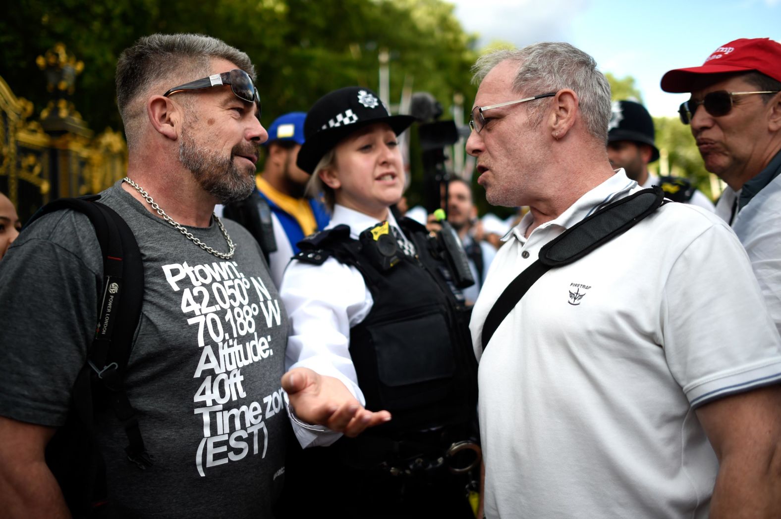 Anti-Trump protesters clash with Trump supporters outside Buckingham Palace on June 3.