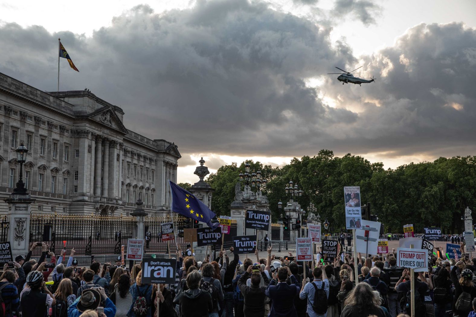 Protesters gather outside Buckingham Palace on Monday, June 3, the first day of Trump's state visit.