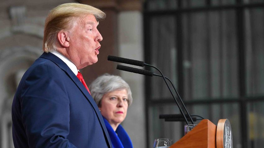 US President Donald Trump (L) and Britain's Prime Minister Theresa May give a joint press conference at the Foreign and Commonwealth office in London on June 4, 2019, on the second day of their three-day State Visit to the UK. - US President Donald Trump turns from pomp and ceremony to politics and business on Tuesday as he meets Prime Minister Theresa May on the second day of a state visit expected to be accompanied by mass protests. (Photo by MANDEL NGAN / AFP)        (Photo credit should read MANDEL NGAN/AFP/Getty Images)