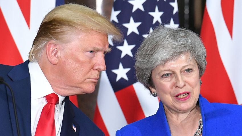 US President Donald Trump (L) and Britain's Prime Minister Theresa May give a joint press conference at the Foreign and Commonwealth office in London on June 4, 2019, on the second day of their three-day State Visit to the UK. - US President Donald Trump turns from pomp and ceremony to politics and business on Tuesday as he meets Prime Minister Theresa May on the second day of a state visit expected to be accompanied by mass protests. (Photo by MANDEL NGAN / AFP)        (Photo credit should read MANDEL NGAN/AFP/Getty Images)