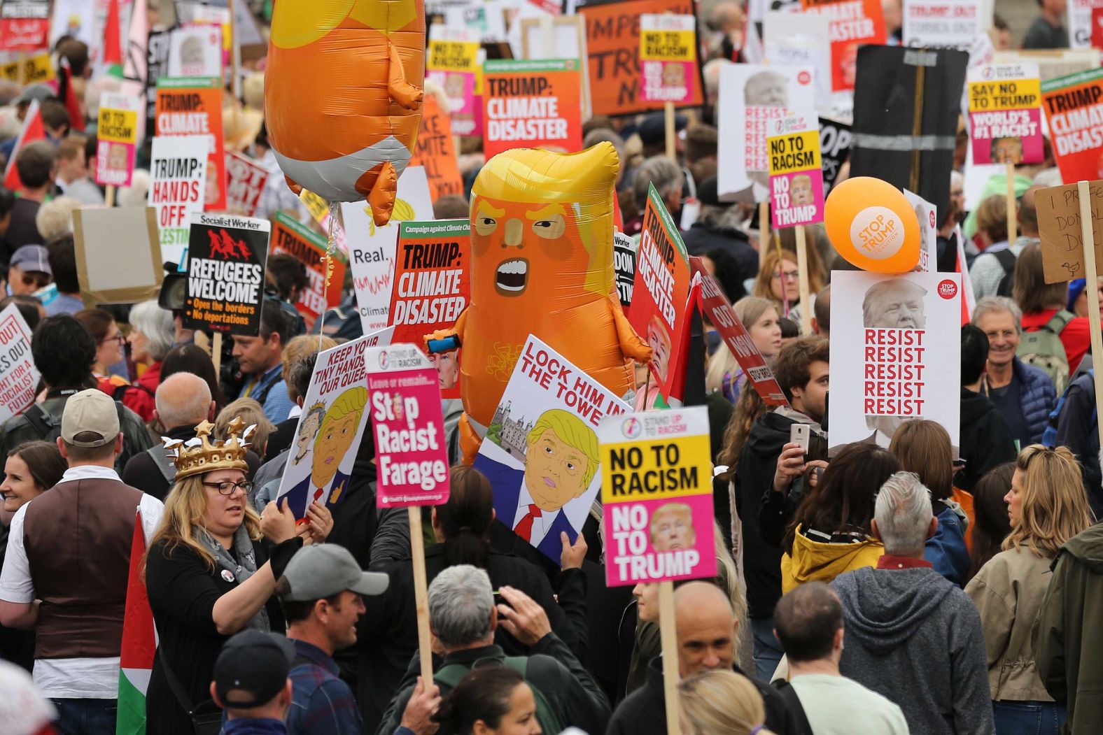 Protesters gather in Trafalgar Square to demonstrate against Trump's state visit.