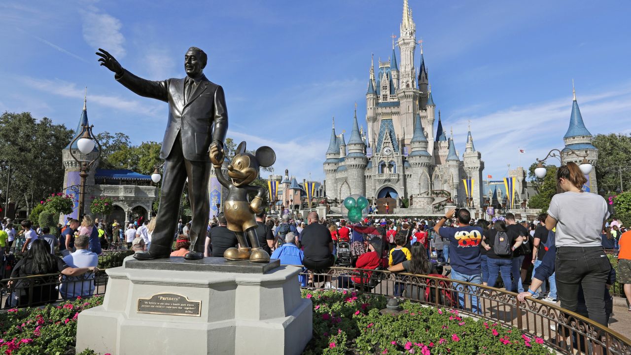FILE - In this Jan. 9, 2019 file photo, guests watch a show near a statue of Walt Disney and Micky Mouse in front of the Cinderella Castle at the Magic Kingdom at Walt Disney World in Lake Buena Vista, part of the Orlando area in Fla. Magic Kingdom was the best-attended park in 2018 with 20.8 million visitors, followed by Disneyland in California with 18.6 million visitors. (AP Photo/John Raoux, File)
