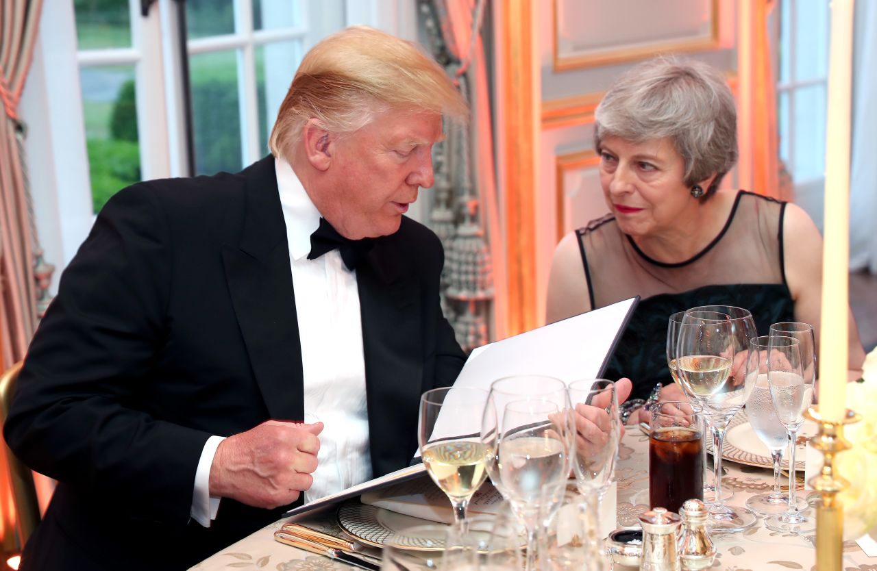 Trump and British Prime Minister Theresa May speak at the dinner on June 4.