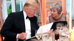 LONDON, ENGLAND - JUNE 04: US President Donald Trump and British Prime Minister Theresa May speak at a dinner hosted by himself and First Lady Melania Trump at Winfield House for Prince Charles, Prince of Wales and Camilla, Duchess of Cornwall, during their state visit on June 04, 2019 in London, England. President Trump's three-day state visit began with lunch with the Queen, followed by a State Banquet at Buckingham Palace, whilst today he attended business meetings with the Prime Minister and the Duke of York, before traveling to Portsmouth to mark the 75th anniversary of the D-Day landings. (Photo by Chris Jackson - WPA Pool/Getty Images)