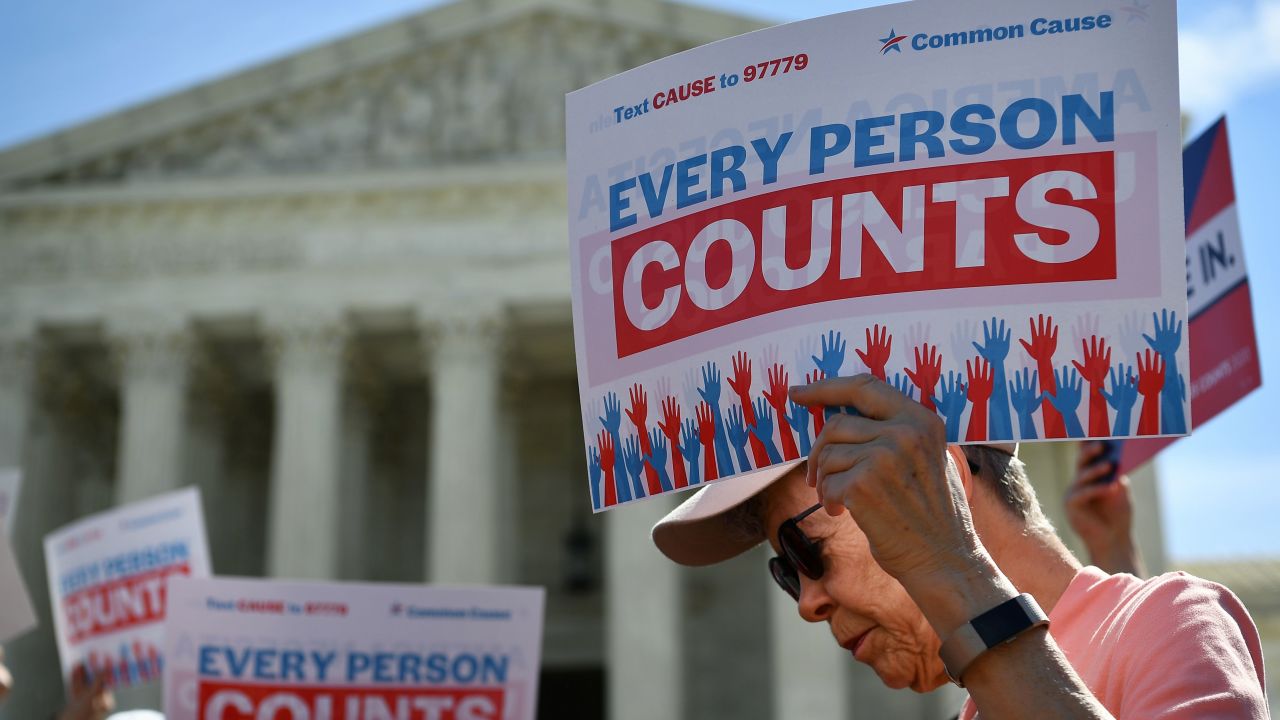 In this April 23, 2019, file photo, demonstrators rally at the US Supreme Court in Washington to protest a proposal to add a citizenship question to the 2020 census.