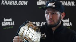 Mixed martial arts (MMA) fighter Khabib Nurmagomedov gives a press conference in Moscow on November 26, 2018. (Photo by Kirill KUDRYAVTSEV / AFP)        (Photo credit should read KIRILL KUDRYAVTSEV/AFP/Getty Images)