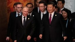 BEIJING, CHINA - APRIL 26: Russia's President Vladimir Putin (front L) and China's President Xi Jinping (C) arrive for the welcome banquet for leaders attending the Belt and Road Forum at the Great Hall of the People on April 26, 2019 in Beijing, China. (Photo by Nicolas Asfouri - Pool/Getty Images)