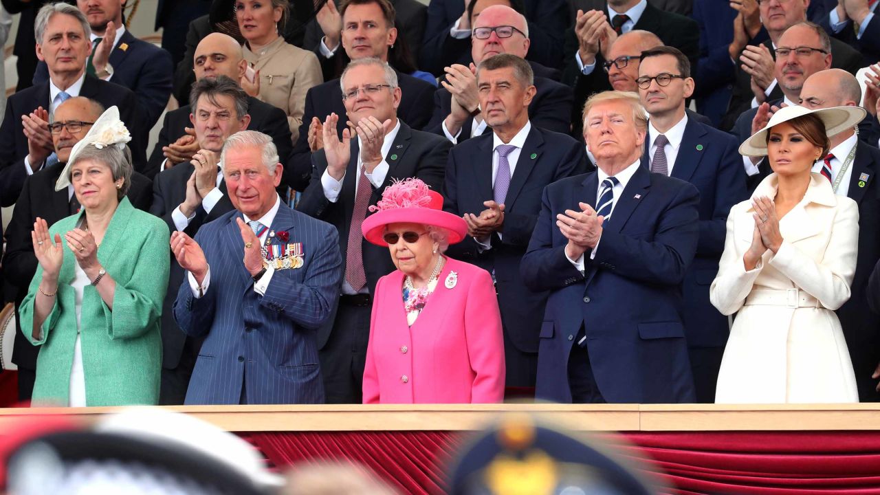 Queen Elizabeth II (center) is seen with (from left) Prime Minister Theresa May, Prince Charles, US President Donald Trump and first lady Melania Trump at the D-Day commemorations Wednesday.