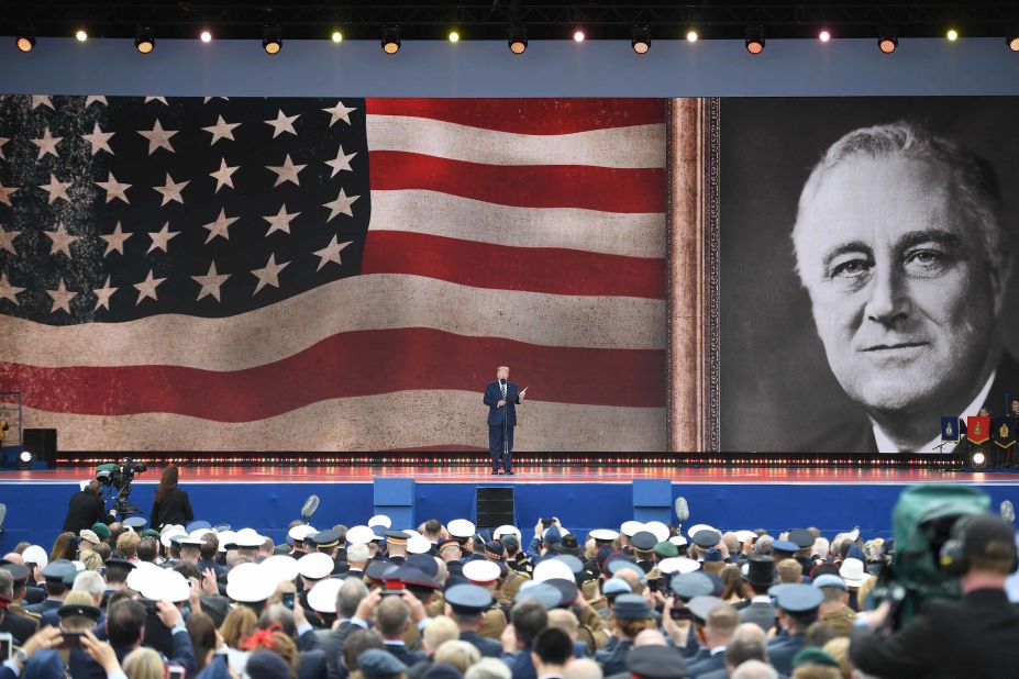 At a D-Day event held Wednesday, June 5, in Portsmouth, England, Trump reads a prayer that President Franklin D. Roosevelt gave over the radio on D-Day.