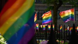 Rainbow flags are seen at the Stonewall National Monument, the first LGBTQ national monument, dedicated to the birthplace of modern lesbian, gay, bisexual, transgender, and queer civil rights movement on June 4, 2019 in New York City. - Pride Month 2019 marks The Stonewall 50th Anniversary. (Photo by Angela Weiss / AFP)        (Photo credit should read ANGELA WEISS/AFP/Getty Images)